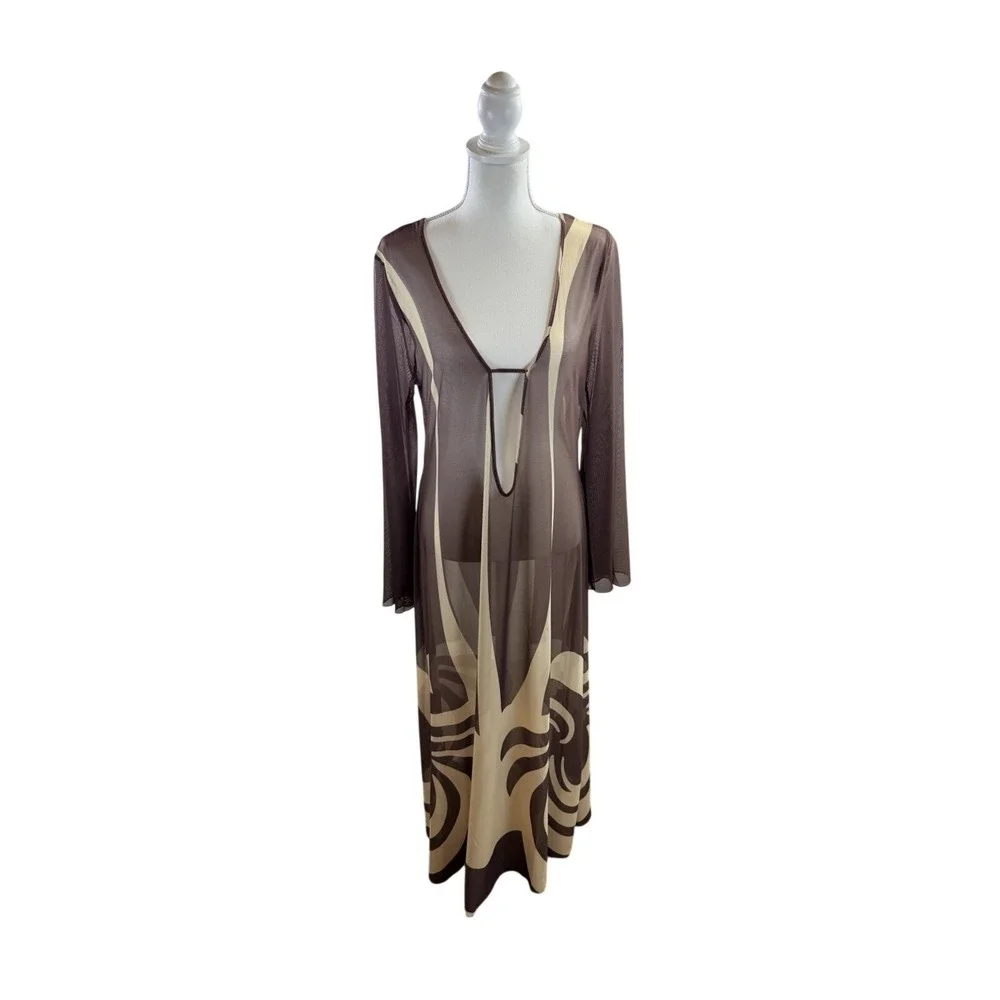 Caroline Constas Sheer Mesh Cover Up Maxi Dress Brown Cream Large NWT